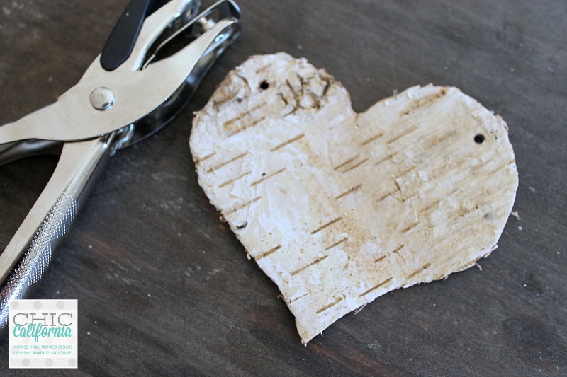 hole punch in birch bark heart: Valentines Day craft