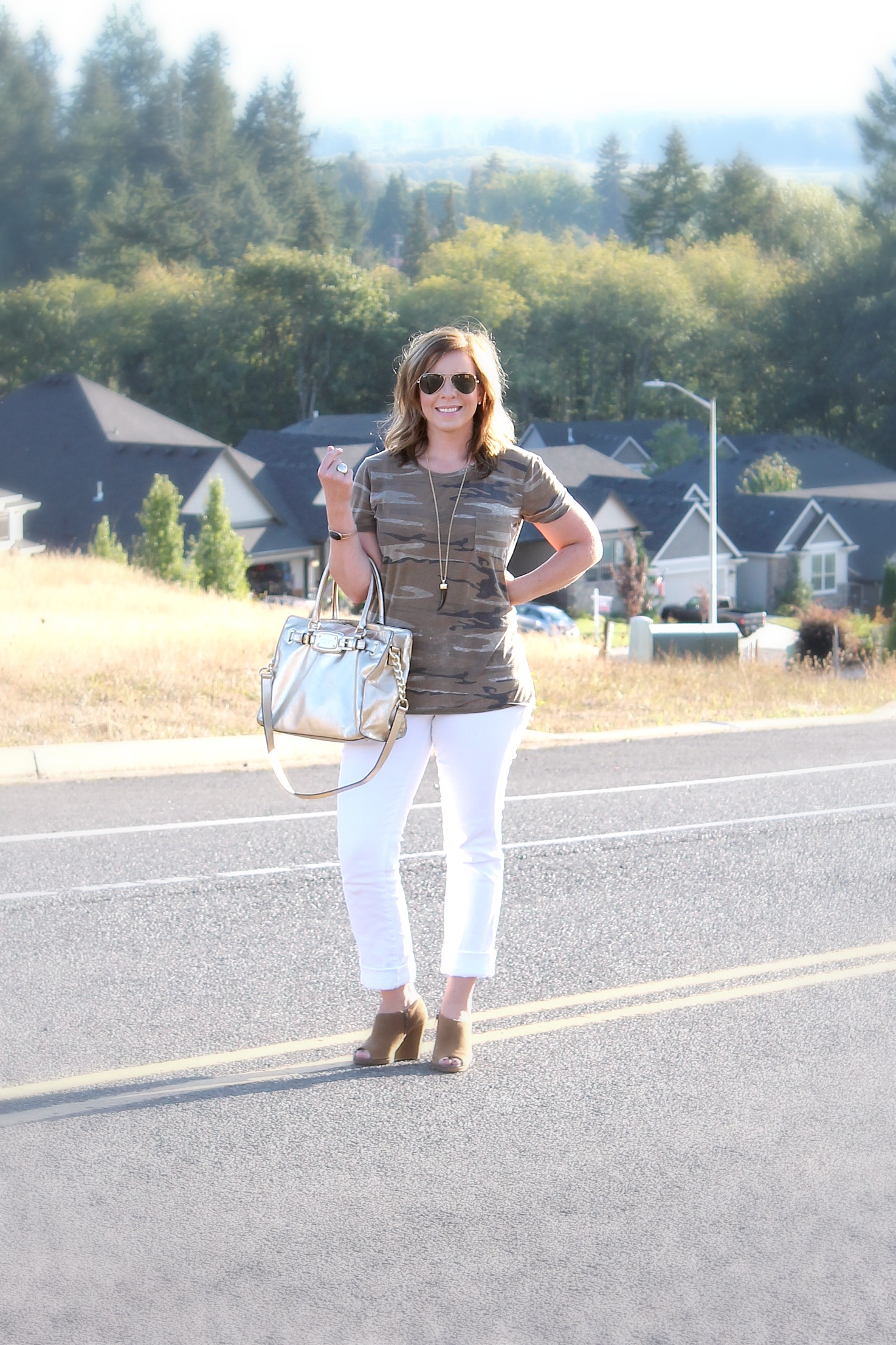 Gold Purse and White Jeans